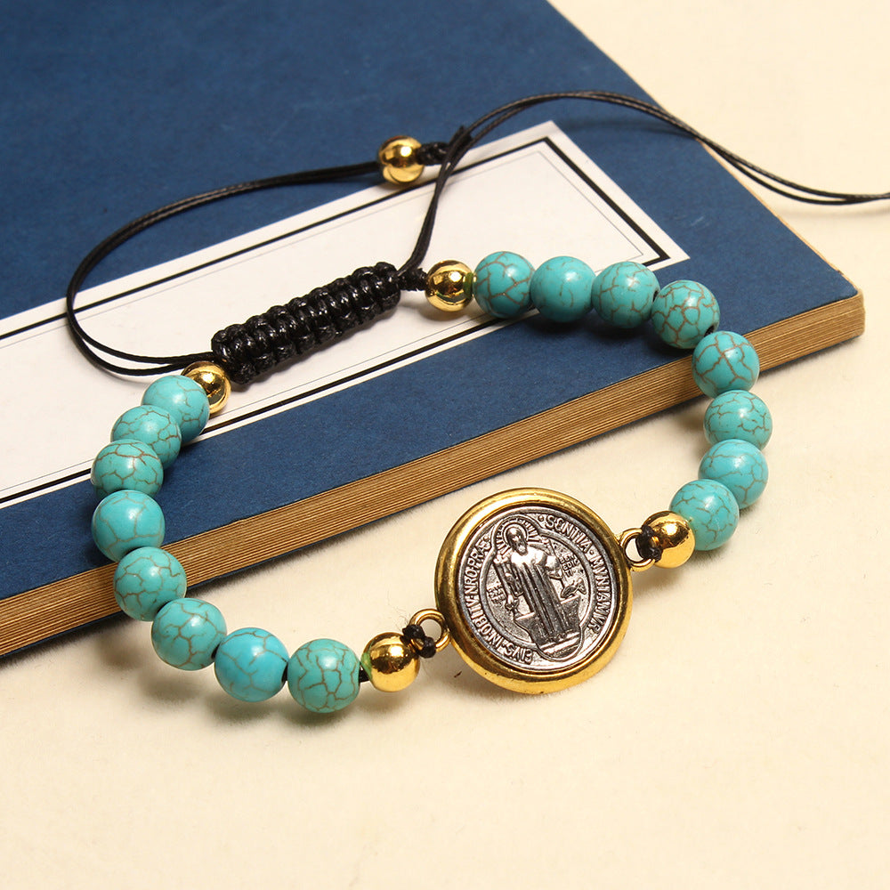 Christianartworkshop Türkisfarbenes Perlenarmband mit Gebetssegen des Heiligen Benedikt - Der heilige Benedikt - image 1