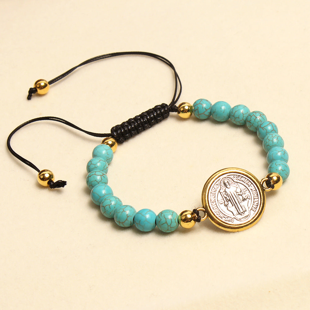 Christianartworkshop Türkisfarbenes Perlenarmband mit Gebetssegen des Heiligen Benedikt - image 2