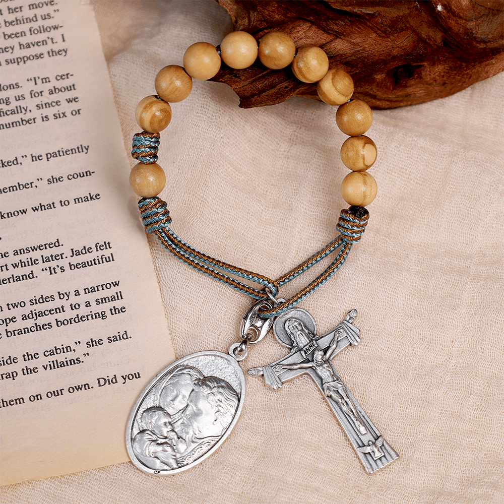 Maria Josef mit Jesuskind-Medaille & Dreifaltigkeitskreuz Olivenholz Taschenrosenkranz - Blaue Kordel - image 1