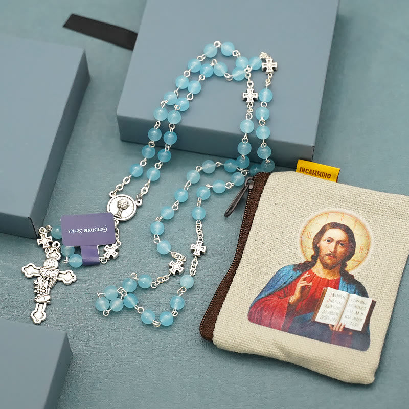 Christianartworkshop Segens-Rosenkranzkreuz aus hellblauem Chalcedon