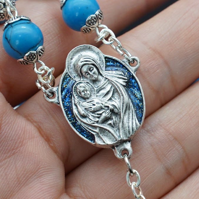 Christianartworkshop Blau-türkisfarbener Christus-Gebetsrosenkranz mit Maria- und Jesuskind-Medaille