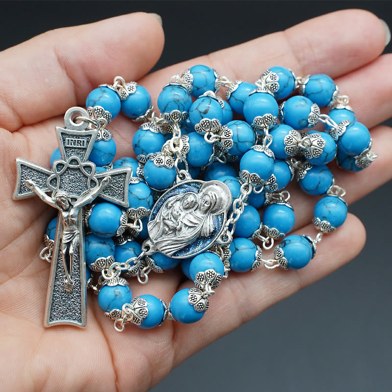 Christianartworkshop Blau-türkisfarbener Christus-Gebetsrosenkranz mit Maria- und Jesuskind-Medaille