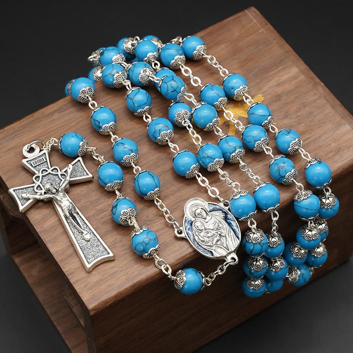 Christianartworkshop Blau-türkisfarbener Christus-Gebetsrosenkranz mit Maria- und Jesuskind-Medaille