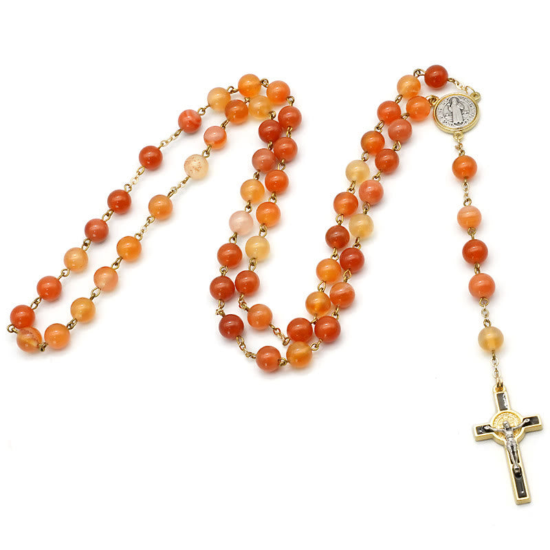 Christianartworkshop Rosenkranz aus natürlichem Achat mit dem Heiligen Benedikt und Kruzifix