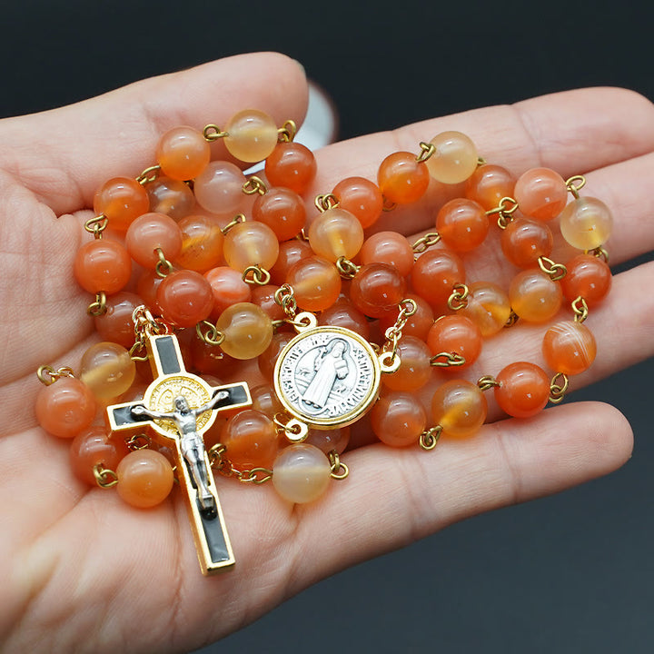 Christianartworkshop Rosenkranz aus natürlichem Achat mit dem Heiligen Benedikt und Kruzifix
