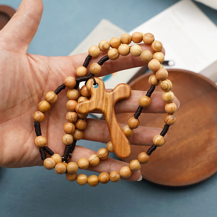 Christianartworkshop Handgefertigter Rosenkranz aus poliertem Olivenholz mit Kreuz fürs Auto - Hochwertige Olivenperlen - image 1