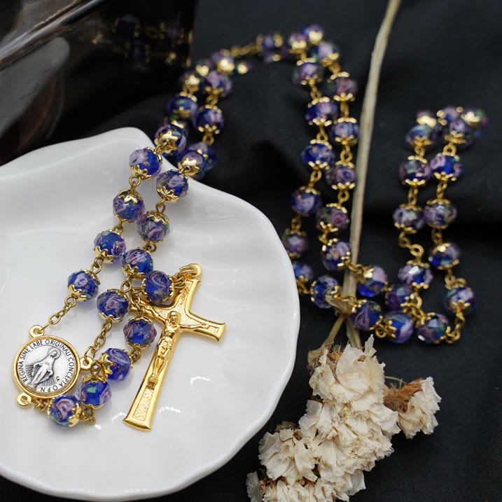 Christianartworkshop Rosenkranz mit glasiertem mehrfarbigem Kristall der Jungfrau Maria - Blau - image 1