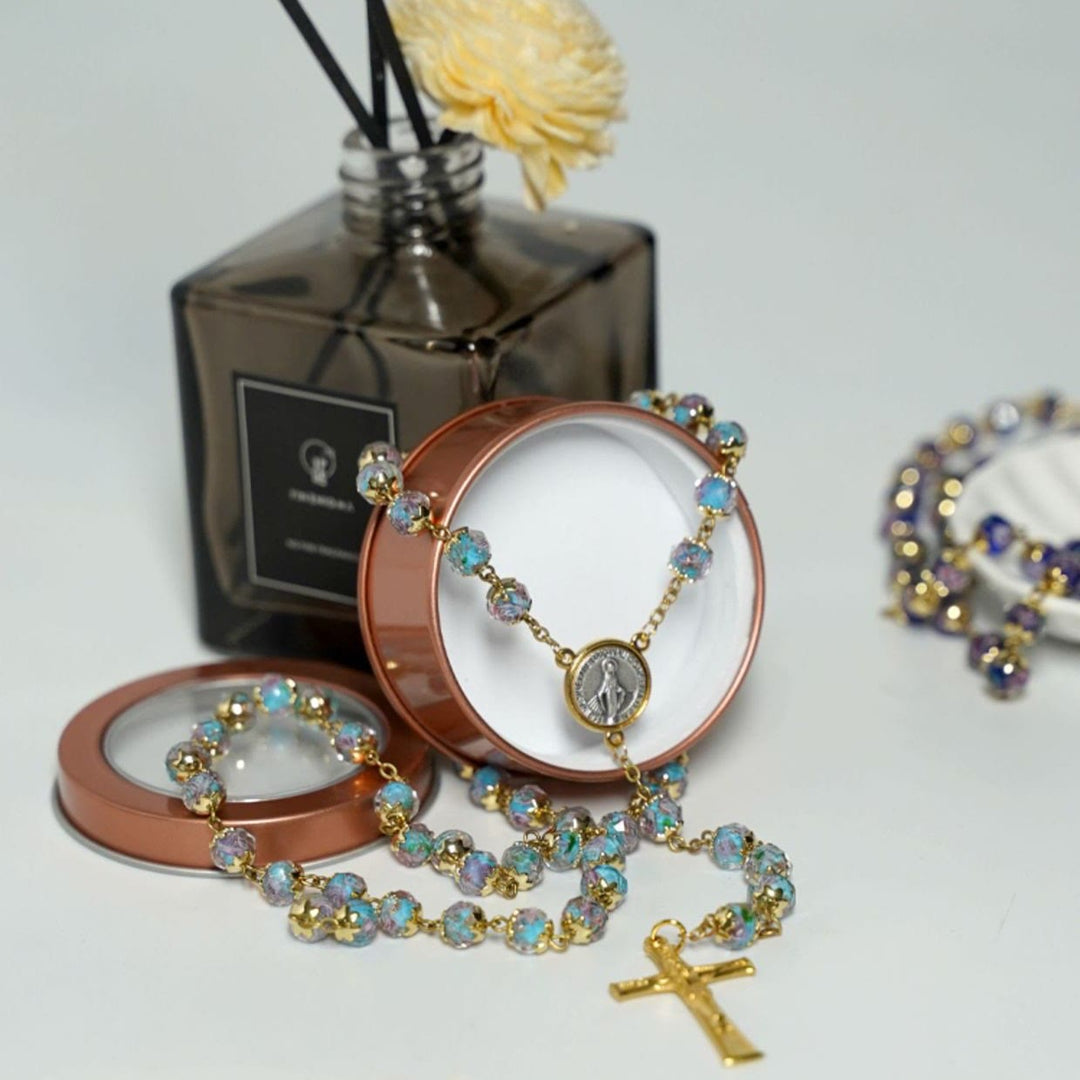 Christianartworkshop Rosenkranz mit glasiertem mehrfarbigem Kristall der Jungfrau Maria - image 9