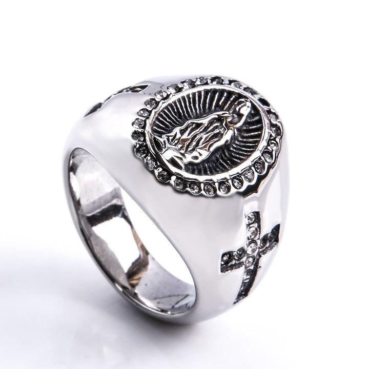 Christianartworkshop Ring aus Edelstahl mit Kreuzmotiv der Jungfrau Maria – Katholischer Schmuck für religiöse Anlässe - US 13 - Metallisch - image 6