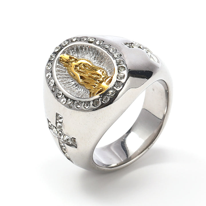Christianartworkshop Ring aus Edelstahl mit der Jungfrau Maria und dem Kreuzzeichen, katholische Ringe für religiösen Schmuck - US13 - Metallic-Gold - image 11