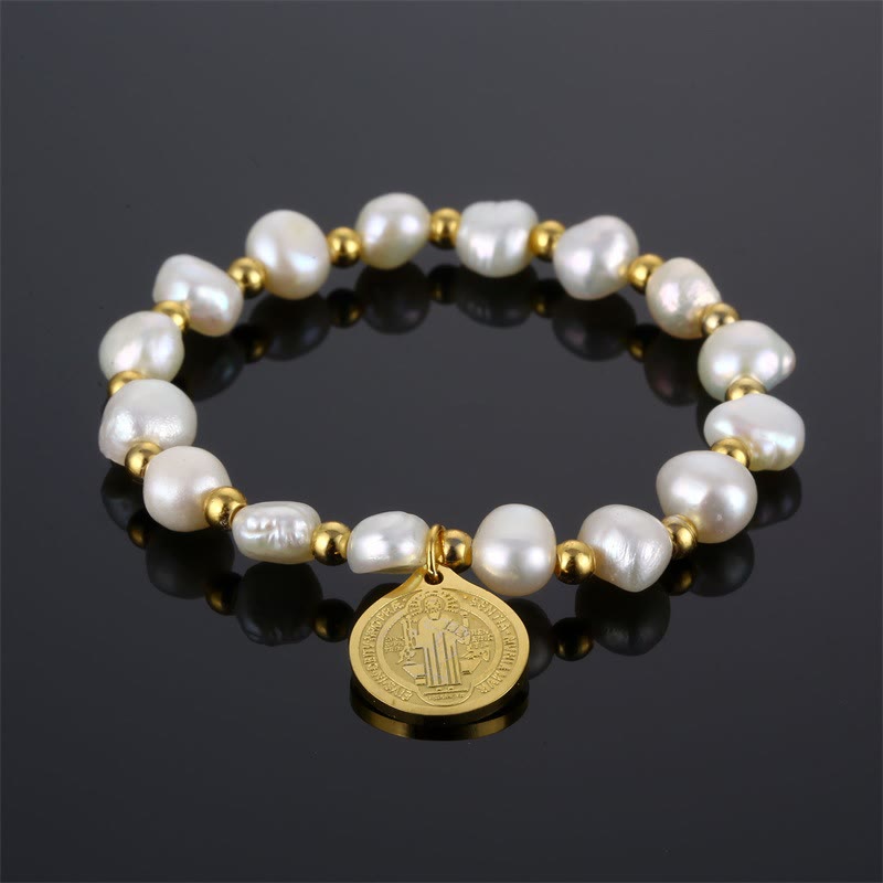 Armband mit unregelmäßiger Perle und Medaille des Heiligen Benedikt - Perle - image 1