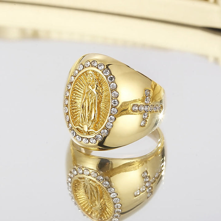 Christianartworkshop Ring aus Edelstahl mit Kreuzmotiv der Jungfrau Maria – Katholischer Schmuck für religiöse Anlässe - US 13 - Golden - image 0