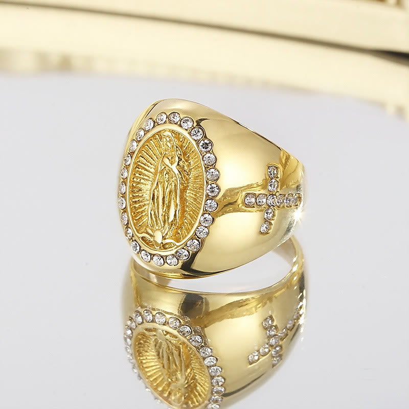Christianartworkshop Ring aus Edelstahl mit der Jungfrau Maria und dem Kreuzzeichen, katholische Ringe für religiösen Schmuck - US13 - Golden - image 1