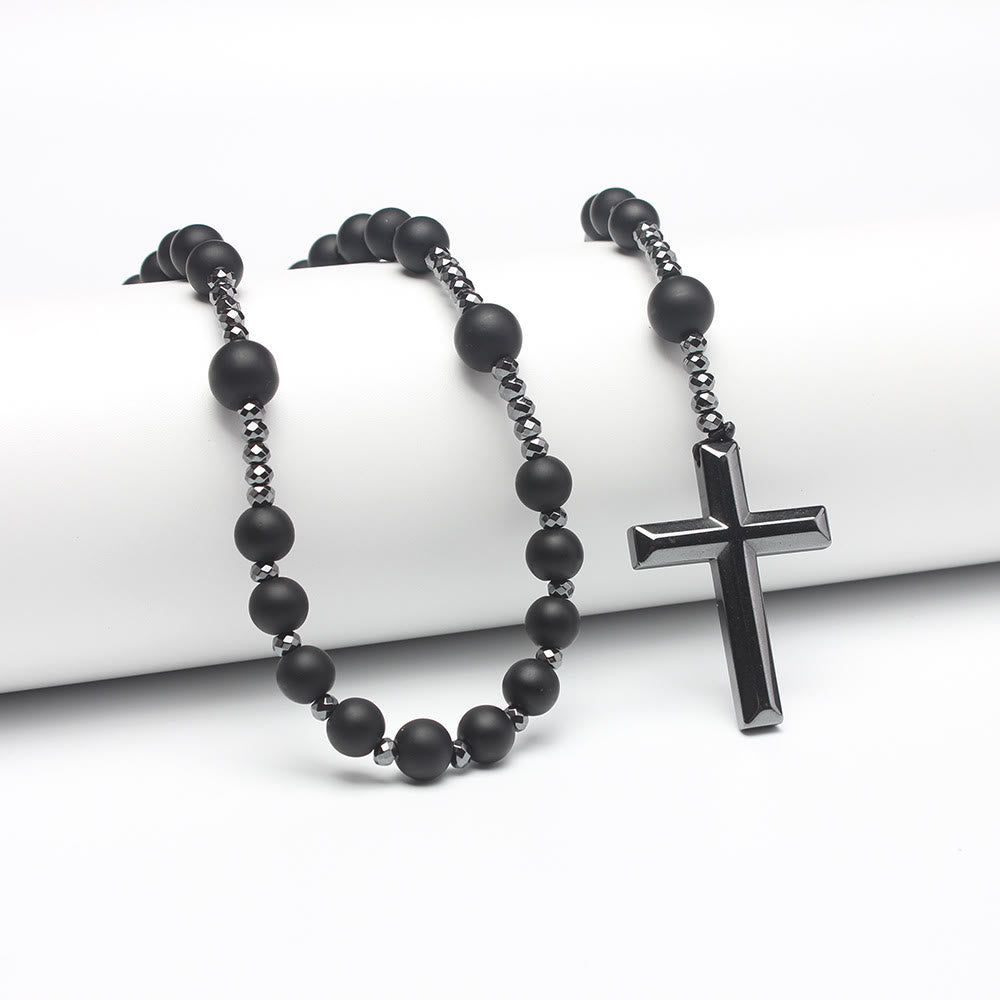 Achat/Tigerauge Steinkreuz Katholischer Rosenkranz - Mattes Onyx - image 3