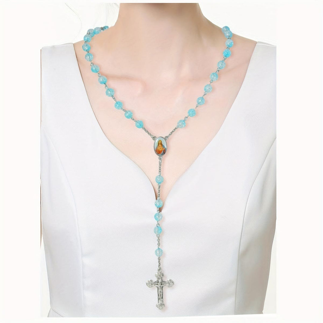Himmlischer Rosenkranz aus blauen Glasperlen mit Jesusherz und Kruzifix - image 3