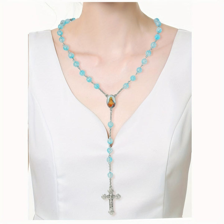Himmlischer Rosenkranz aus blauen Glasperlen mit Jesusherz und Kruzifix - image 3