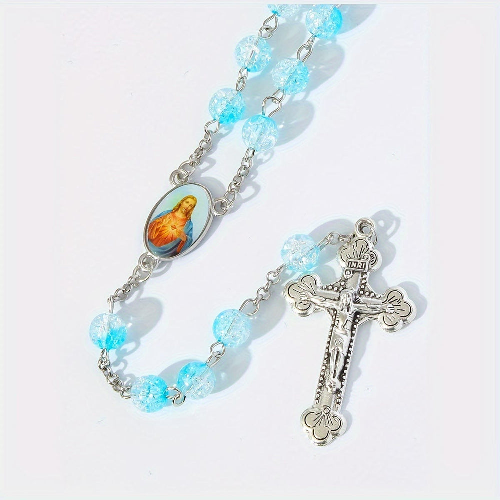 Himmlischer Rosenkranz aus blauen Glasperlen mit Jesusherz und Kruzifix - image 2