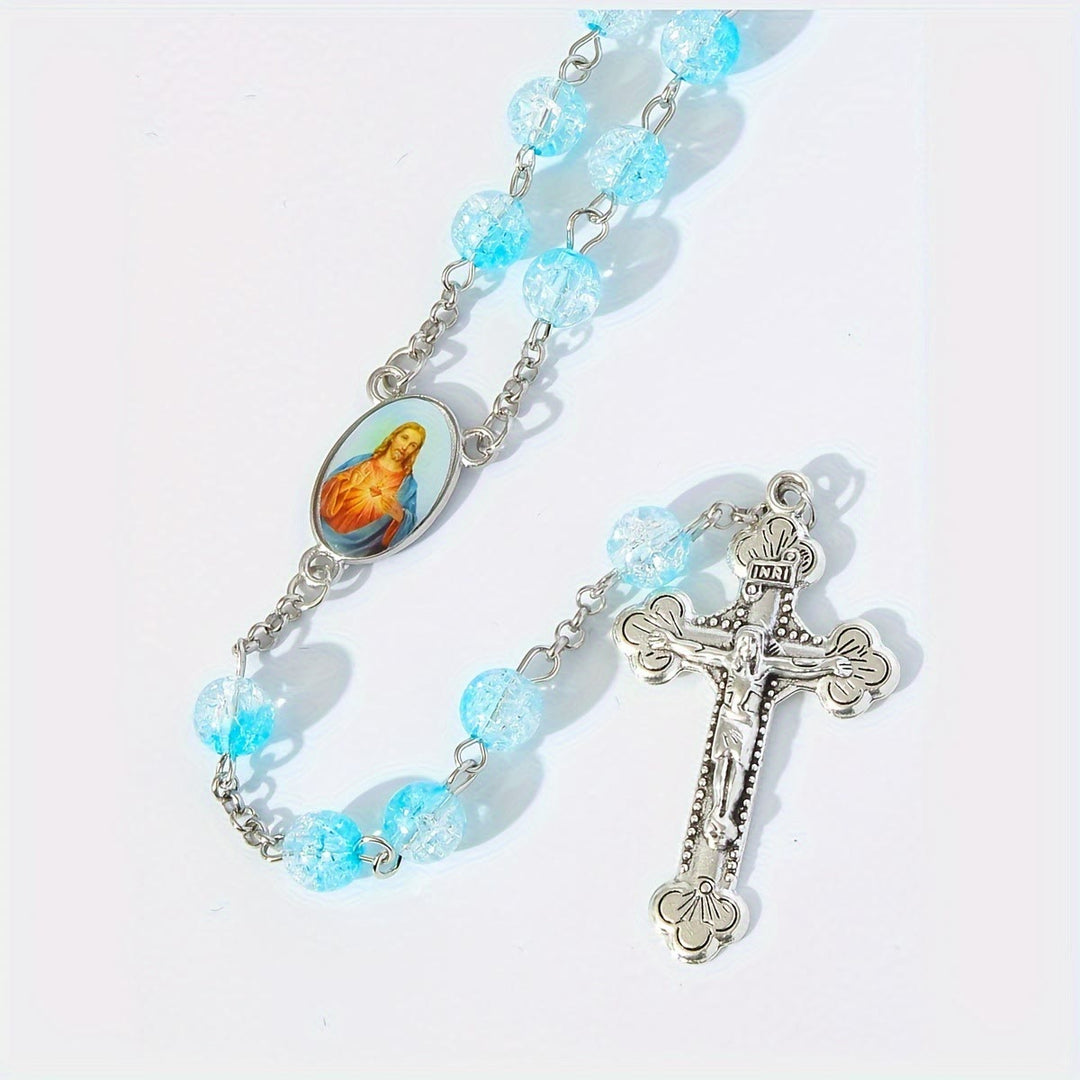 Himmlischer Rosenkranz aus blauen Glasperlen mit Jesusherz und Kruzifix - image 2