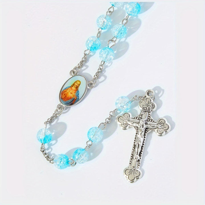 Himmlischer Rosenkranz aus blauen Glasperlen mit Jesusherz und Kruzifix - image 2