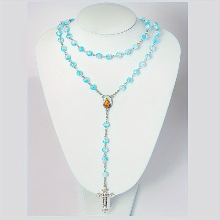 Himmlischer Rosenkranz aus blauen Glasperlen mit Jesusherz und Kruzifix - image 4