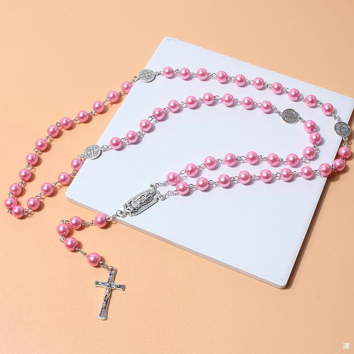 Perlenkette mit Anhänger „Maria-Medaille und Kruzifix“ (4 Farben zur Auswahl) - image 3