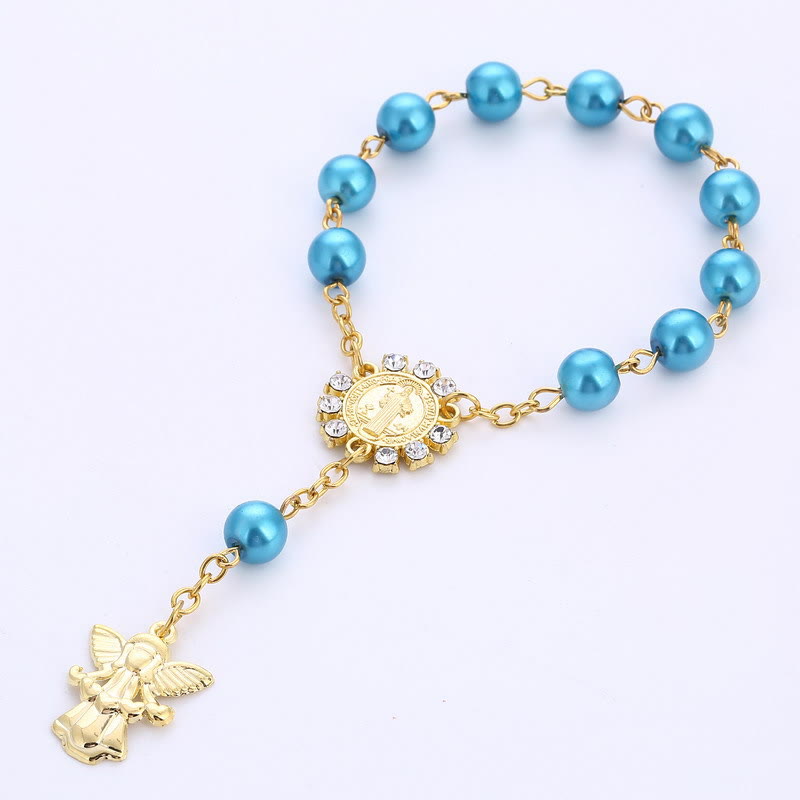 8 mm Goldenes Engels-Charm-Jesus-Rosenkranz-Armband - Blau - image 5