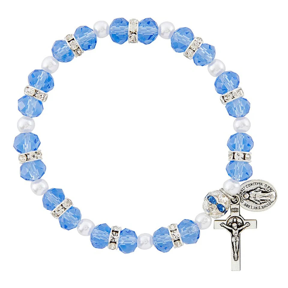 Stretcharmband aus Kristallperlen mit Kruzifix und Wundertätiger Medaille - Blau - image 1