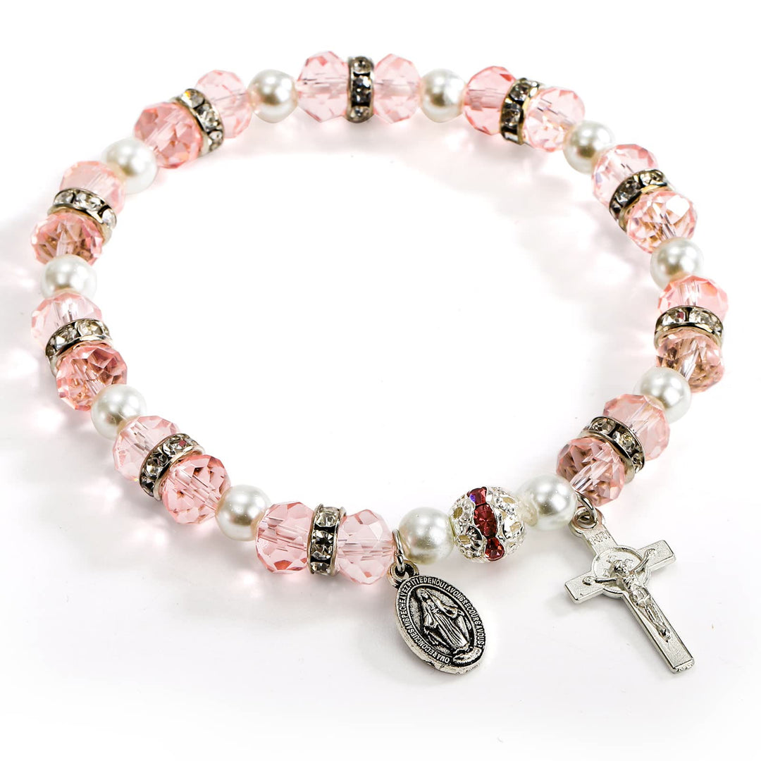 Stretcharmband aus Kristallperlen mit Kruzifix und Wundertätiger Medaille - Rosa - image 10