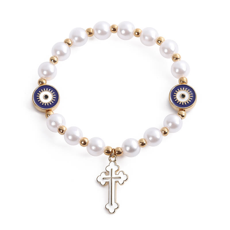 Handgefertigtes Perlenarmband mit Kreuz und Augen - Weiß - image 4
