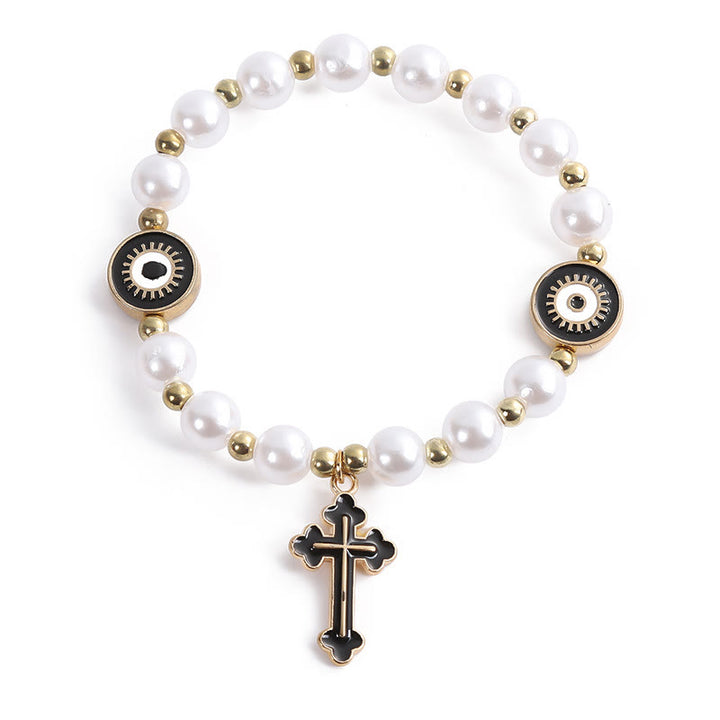 Handgefertigtes Perlenarmband mit Kreuz und Augen - Schwarz - image 3