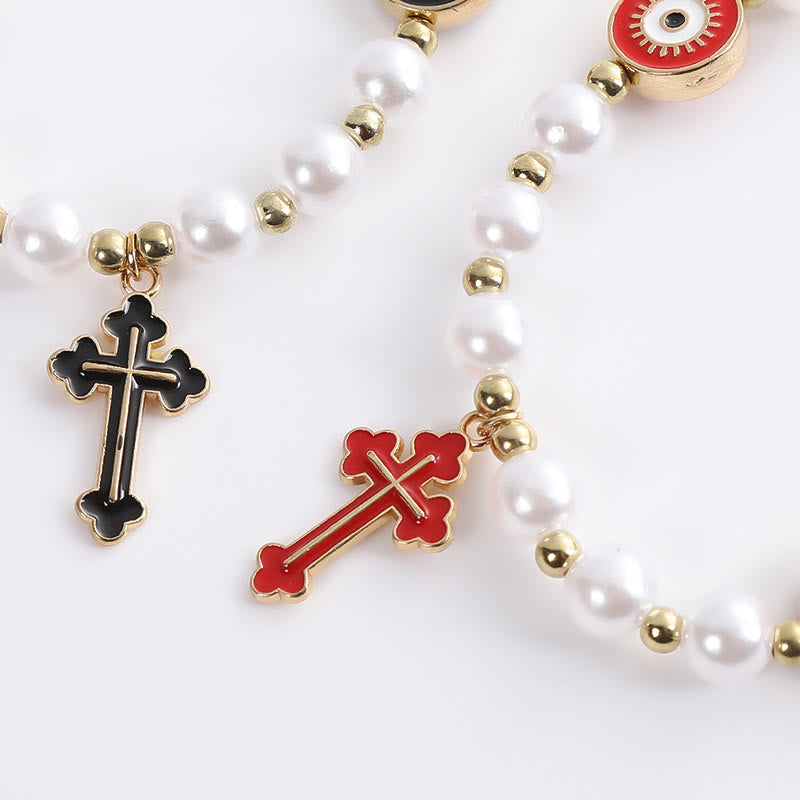 Handgefertigtes Perlenarmband mit Kreuz und Augen - Rot - image 1