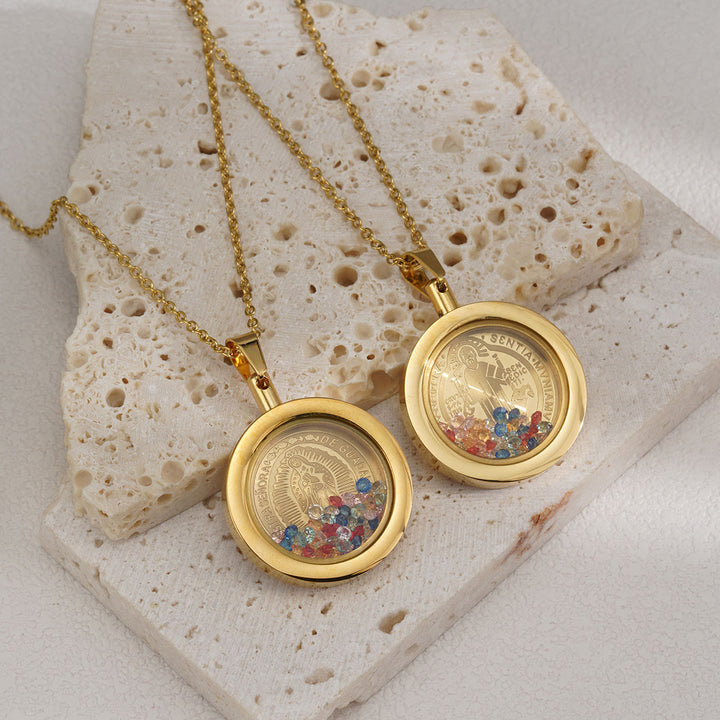 Christianartworkshop Runde, wendbare Halskette aus Gold: Unsere Liebe Frau und der Heilige Benedikt - Jungfrau Maria - Golden - image 0