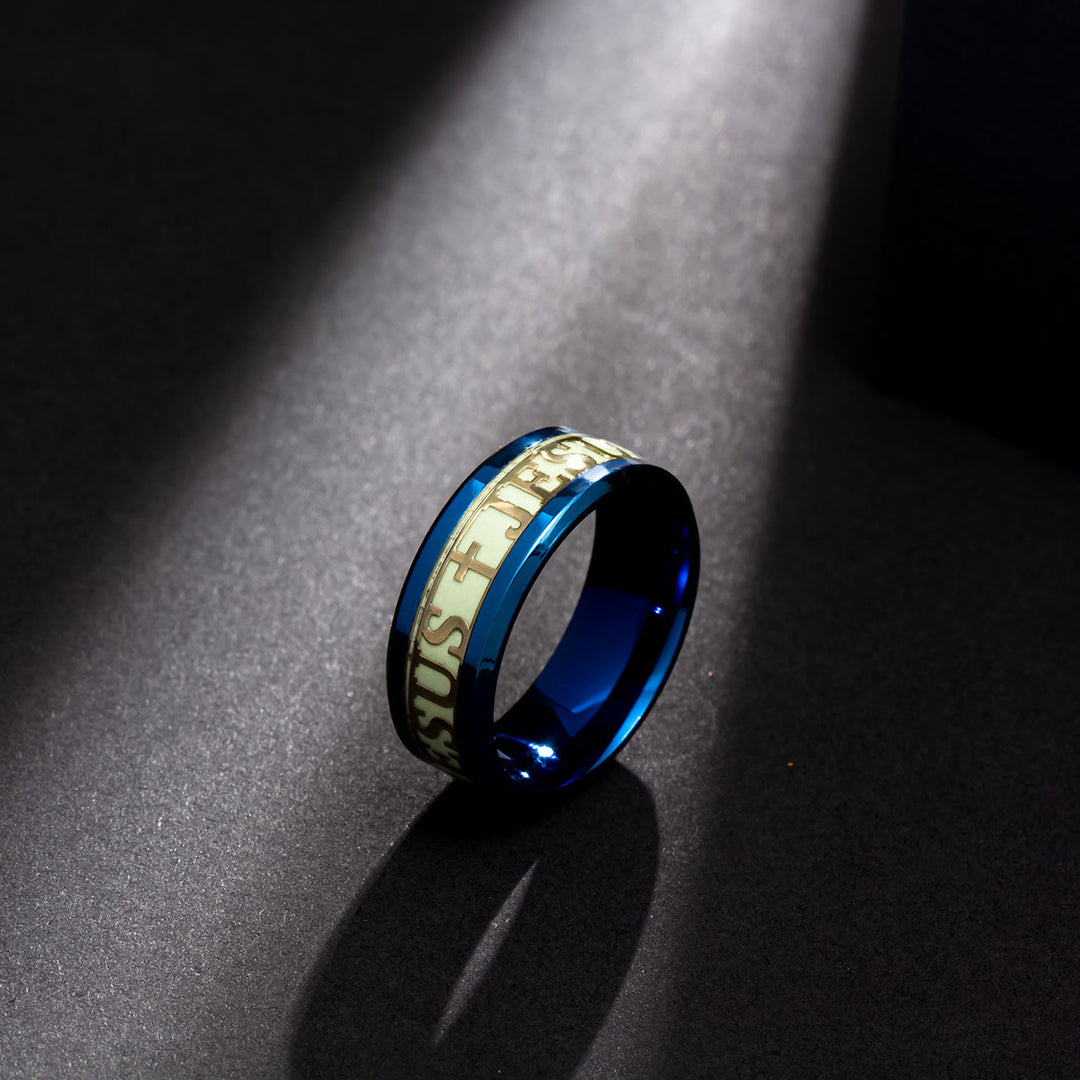 Leuchtender Edelstahlring mit Aufdruck „JESUS“ von Christianartworkshop - US 13 - Blau - image 2