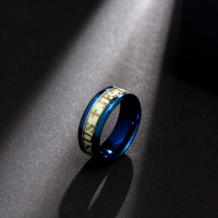 Leuchtender Edelstahlring mit Aufdruck „JESUS“ von Christianartworkshop - US 13 - Blau - image 2