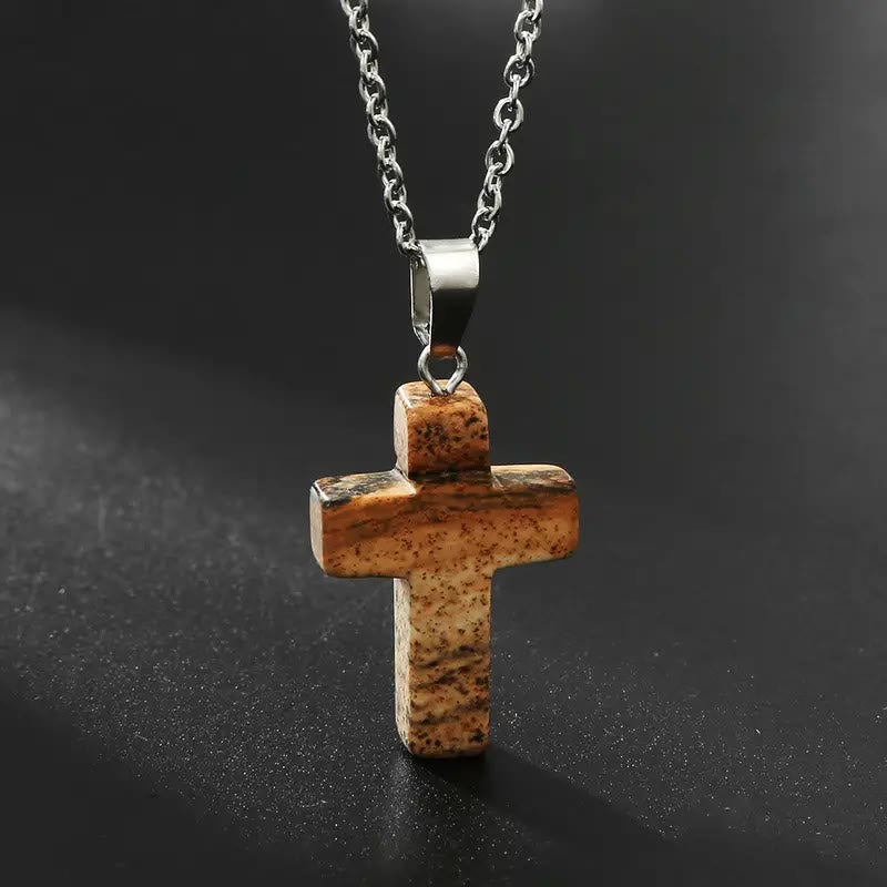 Christianartworkshop Halskette mit Kreuzanhänger aus Naturstein und Edelstein