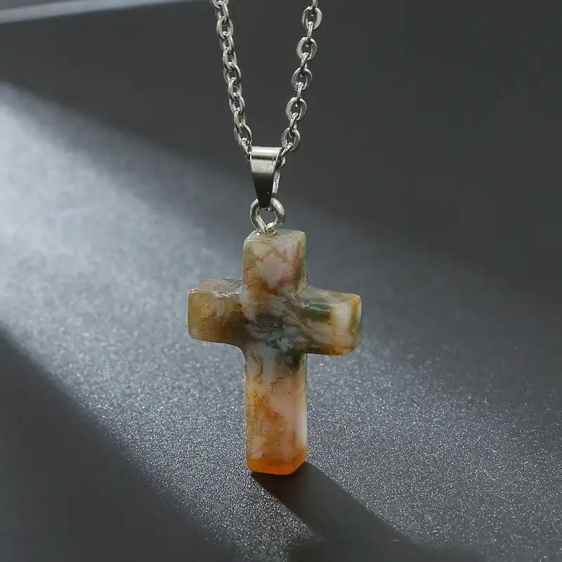 Christianartworkshop Halskette mit Kreuzanhänger aus Naturstein und Edelstein