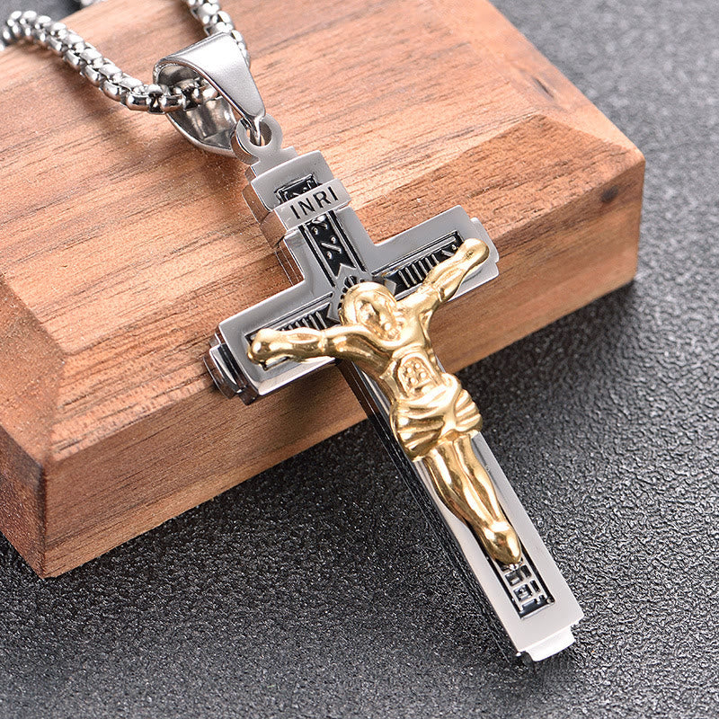 Christianartworkshop Handgefertigte Halskette mit Jesus-Kruzifix aus Titan - Silber-Gold - image 1