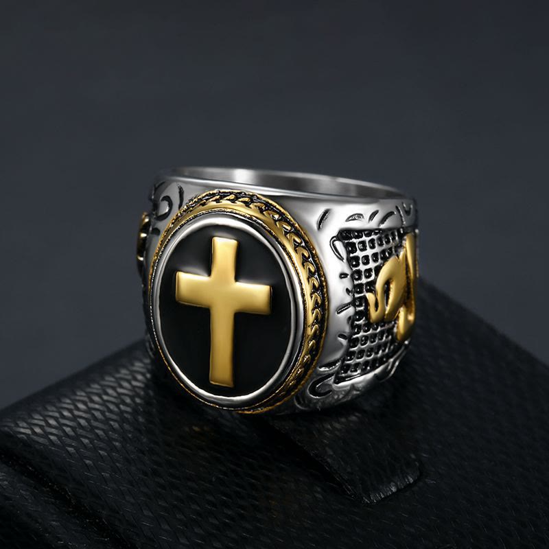 Christianartworkshop Retro-Kreuz „Hand Gottes“ Titan-Religionsring - Golden - US15 - image 1