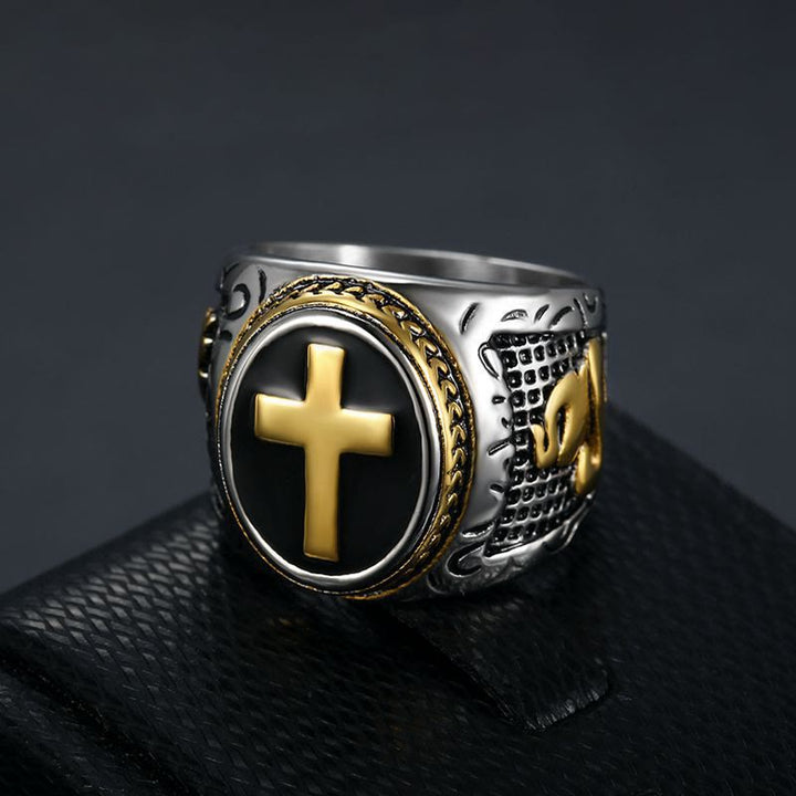 Christianartworkshop Retro-Kreuz „Hand Gottes“ Titan-Religionsring - Golden - US15 - image 1