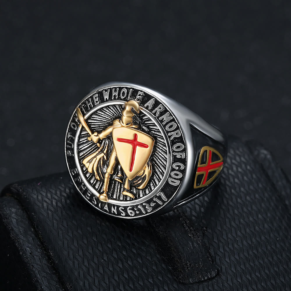 Christianartworkshop Titanring mit Ritterrüstung und Schildschutz - Silber-Gold - US13 - image 1