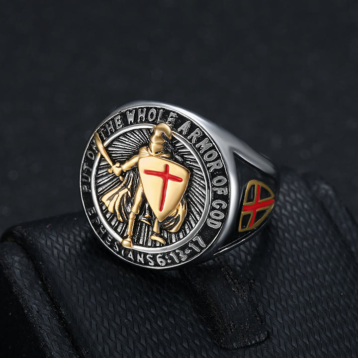Christianartworkshop Titanring mit Ritterrüstung und Schildschutz - Silber-Gold - US13 - image 1