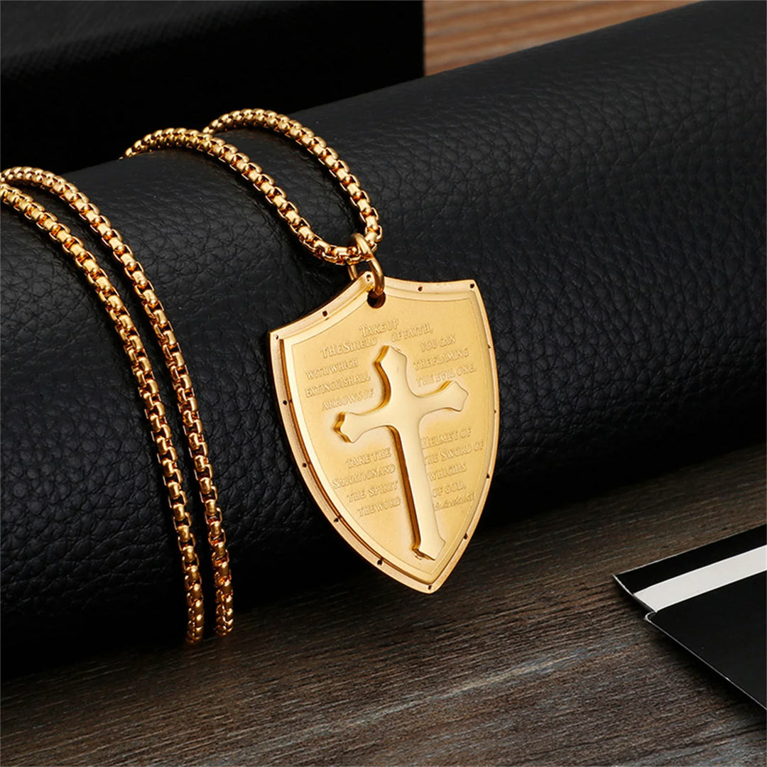 Christianartworkshop Halskette mit Kreuz- und Schildanhänger aus Edelstahl für das Vaterunser - Aufnehmen - Golden - image 7
