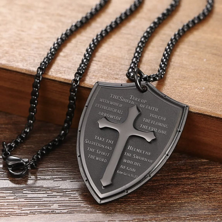 Christianartworkshop Halskette mit Kreuz- und Schildanhänger aus Edelstahl für das Vaterunser - Aufnehmen - Schwarz - image 5