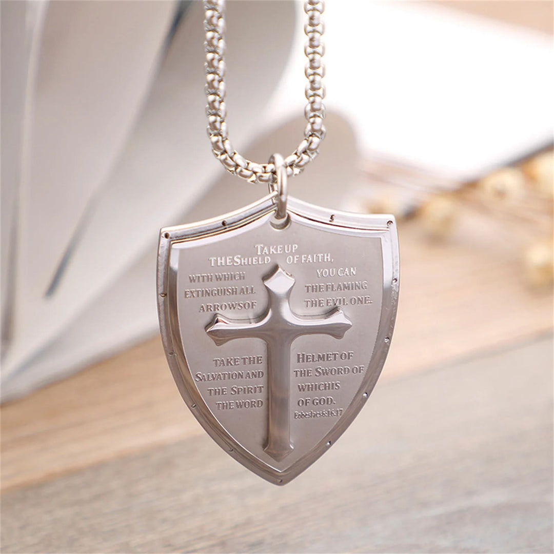 Christianartworkshop Halskette mit Kreuz- und Schildanhänger aus Edelstahl für das Vaterunser - Aufnehmen - Silber - image 1