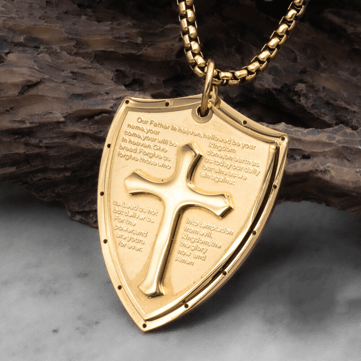Christianartworkshop Halskette mit Kreuz- und Schildanhänger aus Edelstahl für das Vaterunser - Vater unser - Golden - image 14