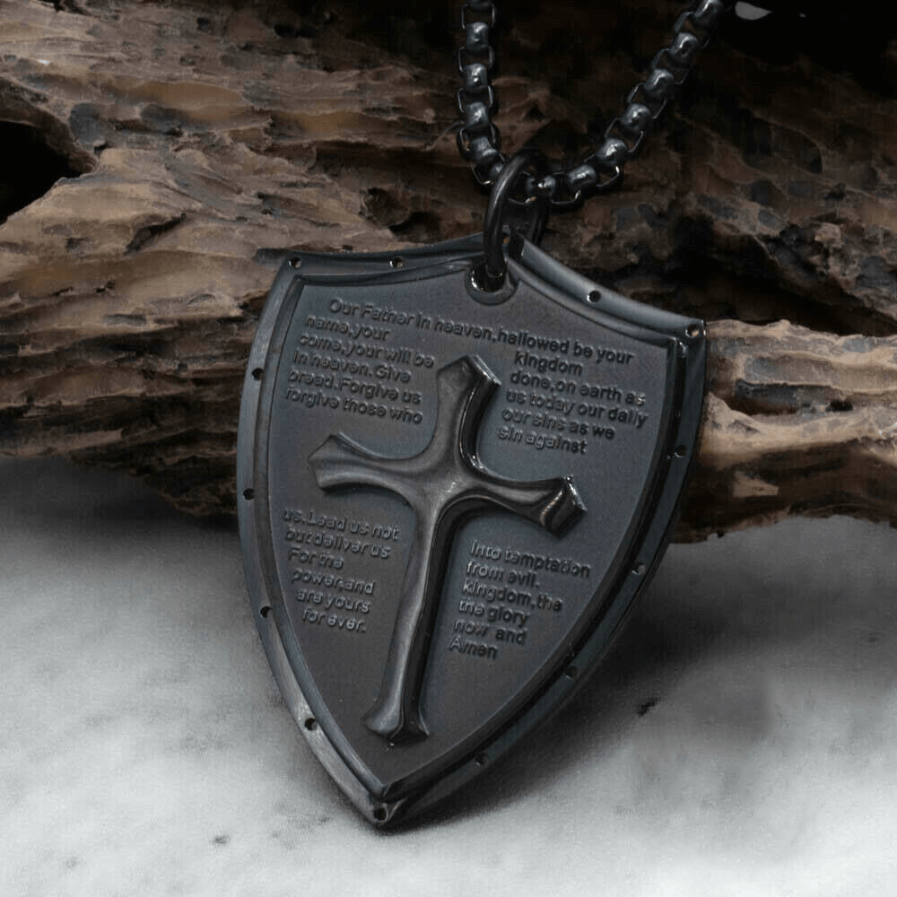 Christianartworkshop Halskette mit Kreuz- und Schildanhänger aus Edelstahl für das Vaterunser - Vater unser - Schwarz - image 12