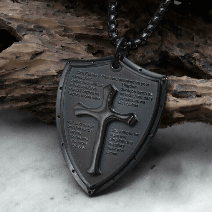 Christianartworkshop Halskette mit Kreuz- und Schildanhänger aus Edelstahl für das Vaterunser - Vater unser - Schwarz - image 12