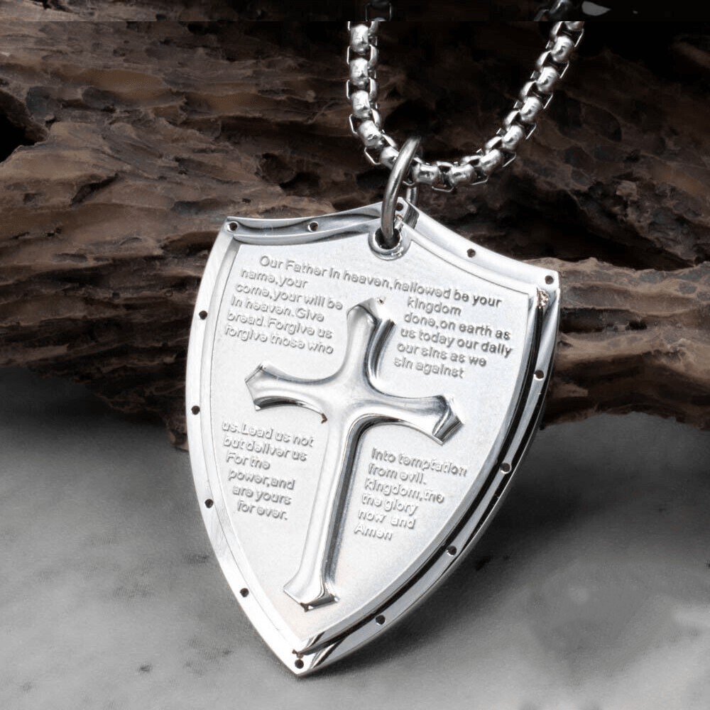 Christianartworkshop Halskette mit Kreuz- und Schildanhänger aus Edelstahl für das Vaterunser - Vater unser - Silber - image 10