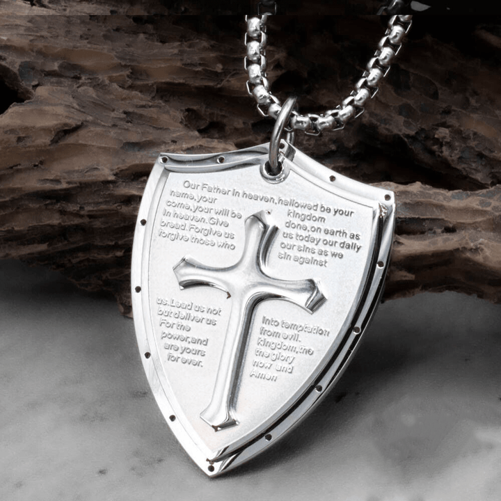 Christianartworkshop Halskette mit Kreuz- und Schildanhänger aus Edelstahl für das Vaterunser - Vater unser - Silber - image 10