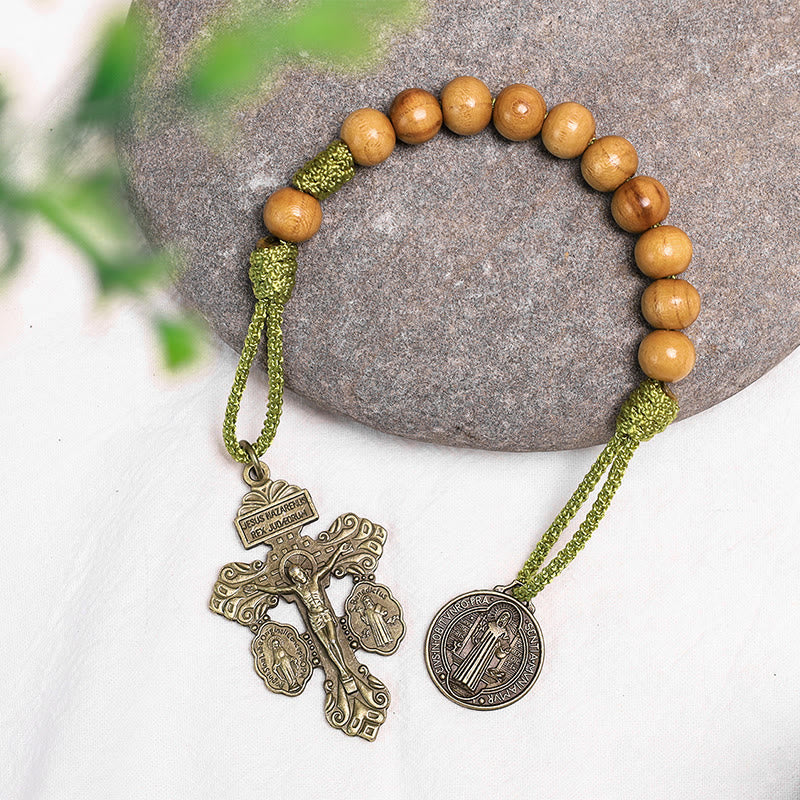 Christianartworkshop Olivenholz-Medaille des Heiligen Benedikt, Dekaden-Rosenkranz - Grüne Kordel - image 8